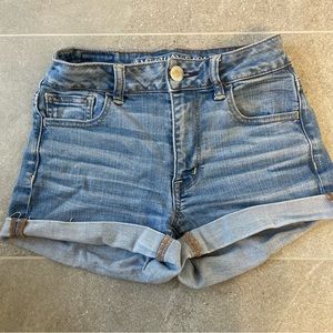 American Eagle Outfitters AEO Super Stretch Hi-Rise Shortie Blue Denim Shorts
